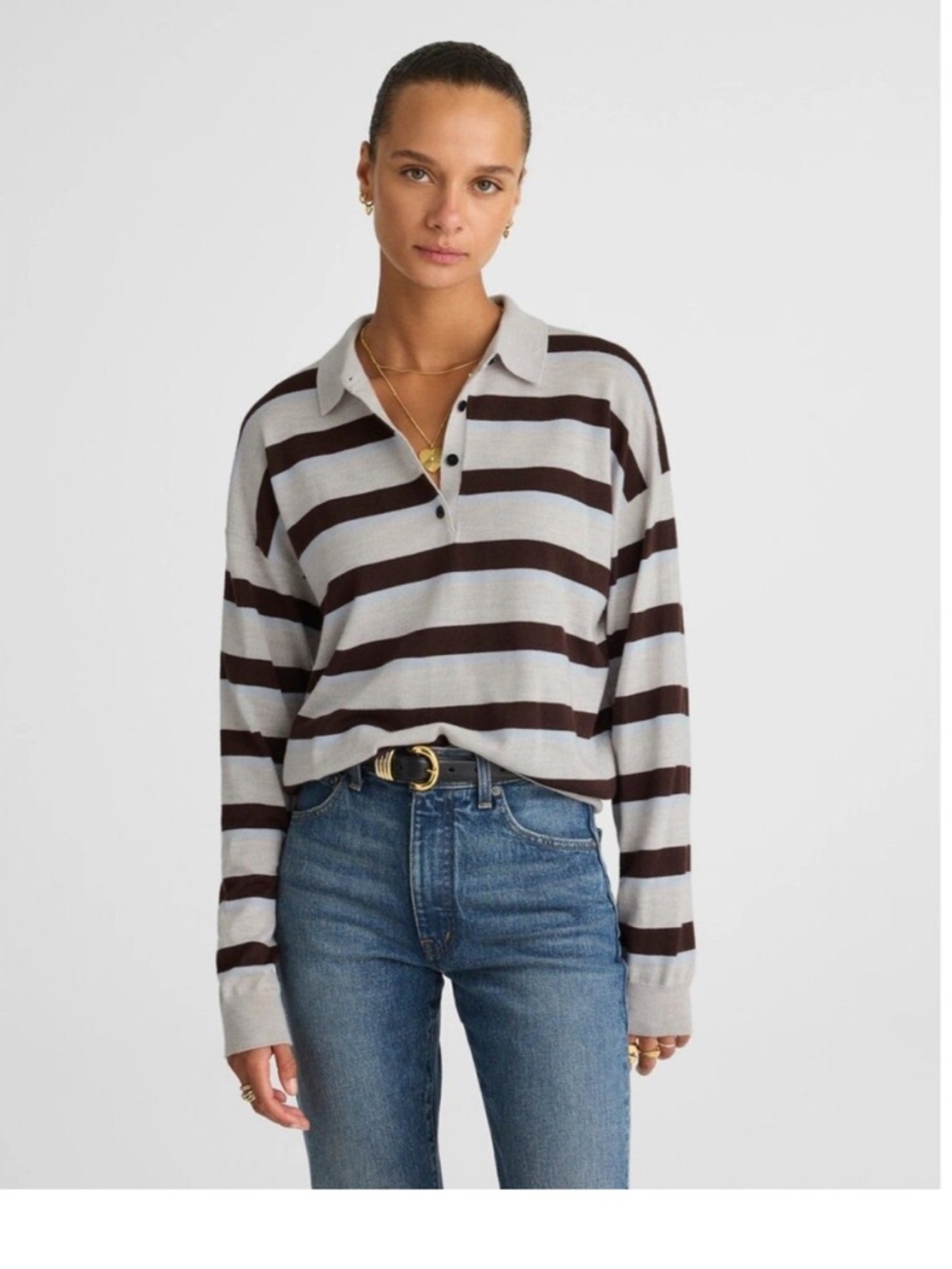 Madewell Striped Long-Sleeve Polo in Light Gray and Dark Brown